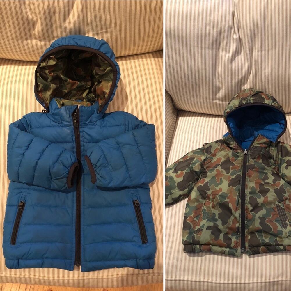 Baby Gap Reversible Blue and Army Green Camo Puffer Hooded Jacket 18-24 Months